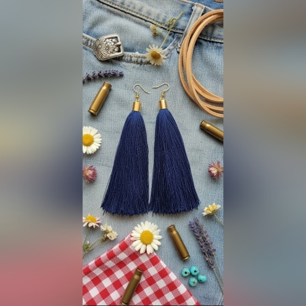 New Royal Blue Dangle Earrings Boho Gold Tone Western